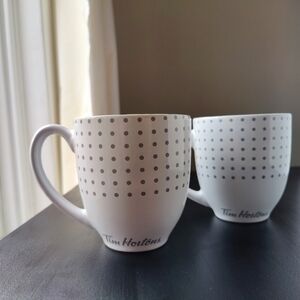 2 Tim Hortons coffee mugs | 2017 | 🤍💙🩶 white grey polka dots | 12 oz